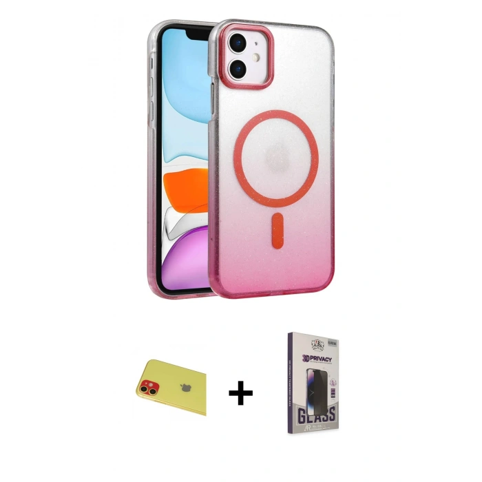 MARSİLYAN™- iPhone 11 Kılıf Ahenk Doku Özel Seri - Siyah Bilvis Hayalet Cam Ekran Koruyucu + Rainbow Kamera Lens Koruma Cam - KI