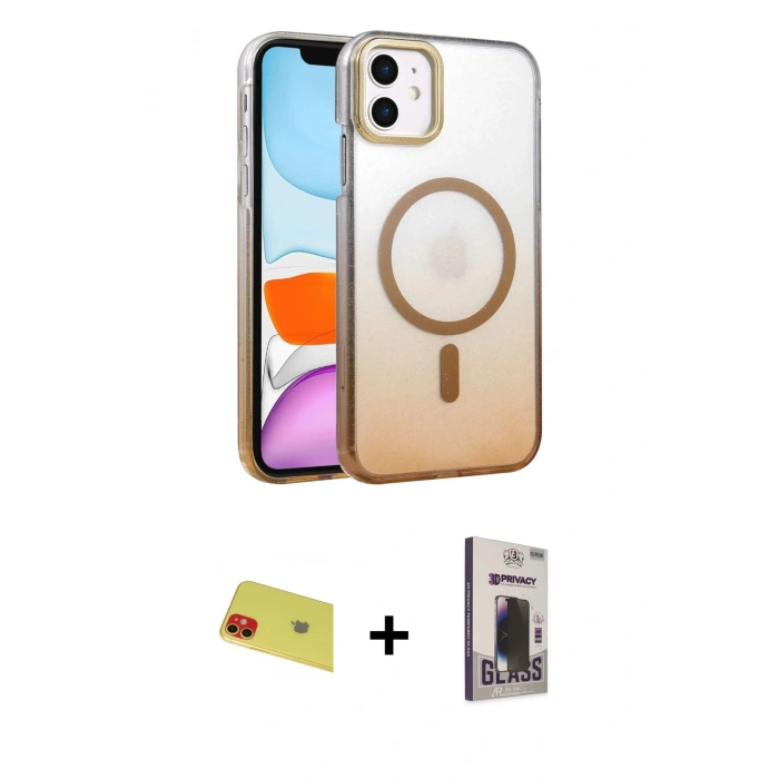 MARSİLYAN™- iPhone 11 Kılıf Ahenk Doku Özel Seri - Siyah Bilvis Hayalet Cam Ekran Koruyucu + Rainbow Kamera Lens Koruma Cam - KI