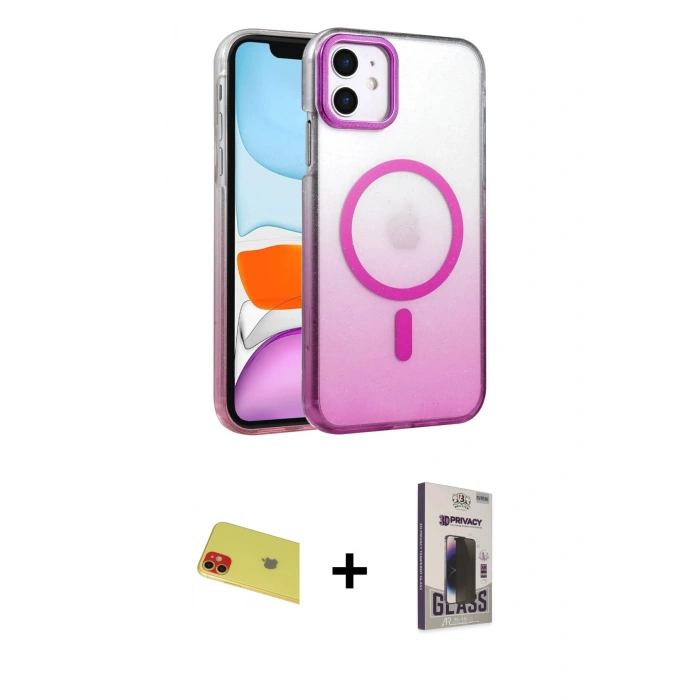 MARSİLYAN™- iPhone 11 Kılıf Ahenk Doku Özel Seri - Siyah Bilvis Hayalet Cam Ekran Koruyucu + Rainbow Kamera Lens Koruma Cam - KI