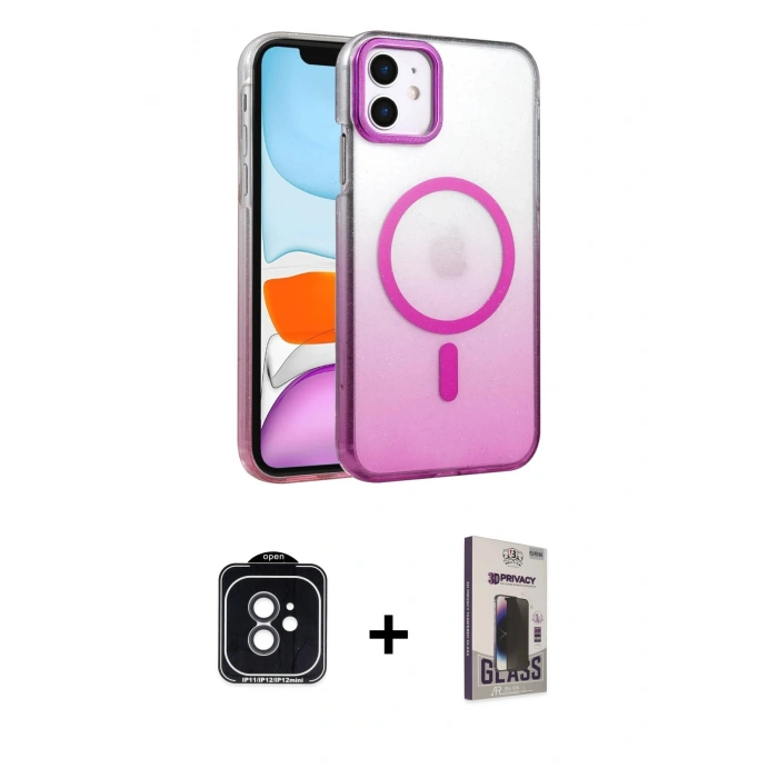 MARSİLYAN™- iPhone 11 Kılıf Ahenk Doku Özel Seri - Siyah Bilvis Hayalet Cam Ekran Koruyucu + PVD Metal Kamera Lens - SH