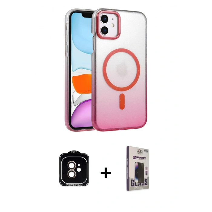 MARSİLYAN™- iPhone 11 Kılıf Ahenk Doku Özel Seri - Siyah Bilvis Hayalet Cam Ekran Koruyucu + Turuncu PVD Metal Kamera Lens