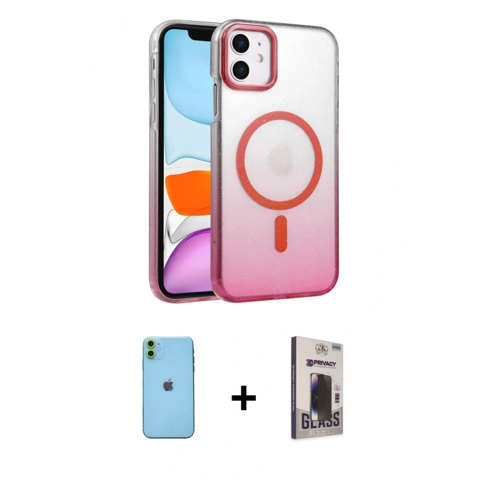 MARSİLYAN™- iPhone 11 Kılıf Ahenk Doku Özel Seri - Siyah Bilvis Hayalet Cam Ekran Koruyucu + Neon Fosforlu Kamera Lens - YL