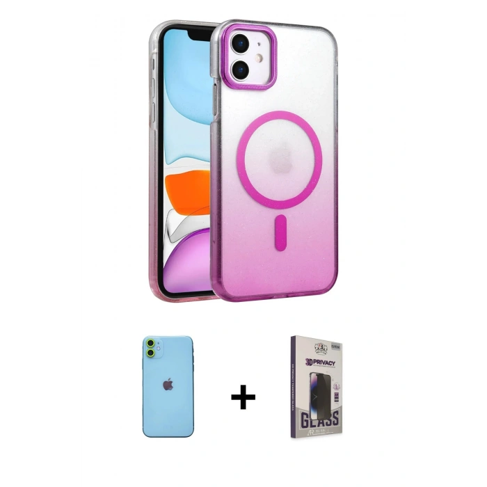 MARSİLYAN™- iPhone 11 Kılıf Ahenk Doku Özel Seri - Siyah Bilvis Hayalet Cam Ekran Koruyucu + Neon Fosforlu Kamera Lens - YL