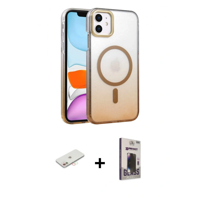 MARSİLYAN™- iPhone 11 Kılıf Ahenk Doku Özel Seri - Siyah Bilvis Hayalet Cam Ekran Koruyucu + Renkli Kamera Lens Koruma Cam - YL