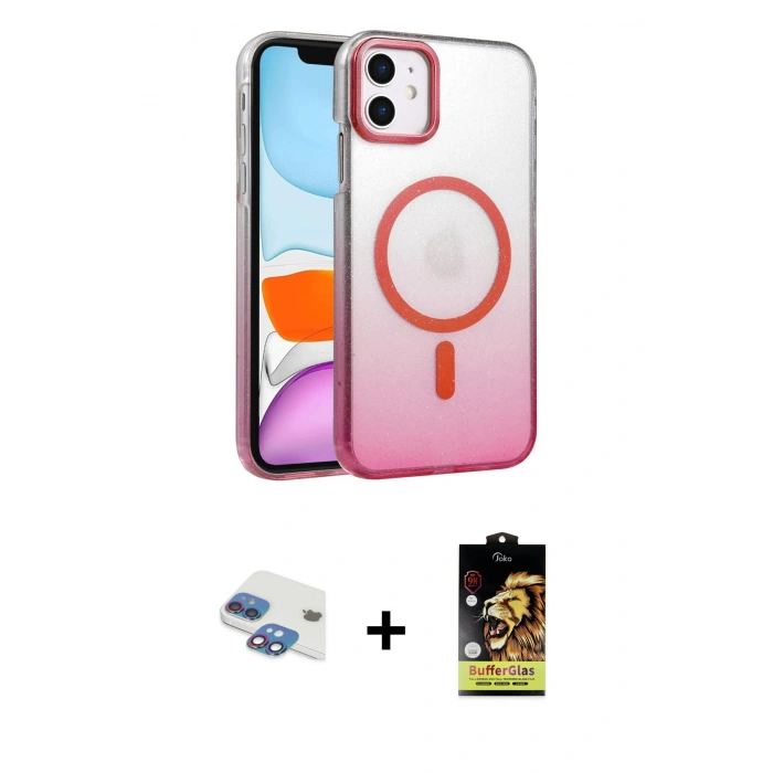 MARSİLYAN™- iPhone 11 Kılıf Ahenk Doku Özel Seri - Siyah Buffer Cam Ekran Koruyucu + Pers Alüminyum Kamera Lens - GI