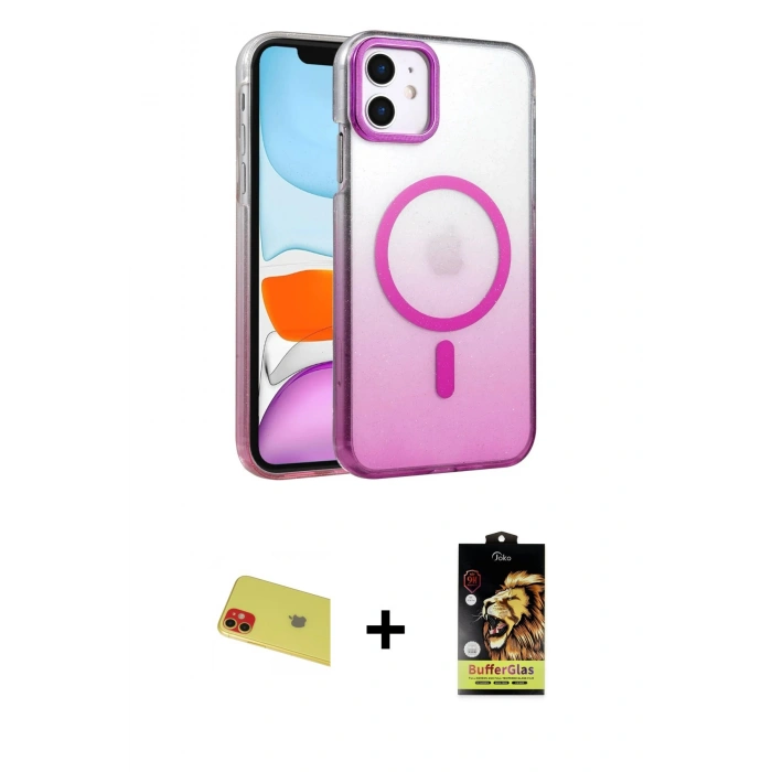 MARSİLYAN™- iPhone 11 Kılıf Ahenk Doku Özel Seri - Siyah Buffer Cam Ekran Koruyucu + Kırmızı Rainbow Kamera Lens Koruma Cam