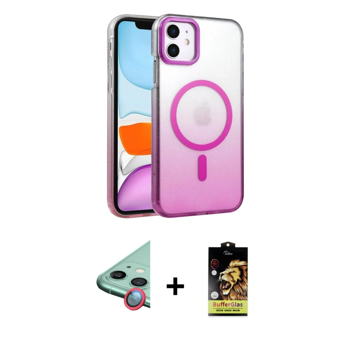 MARSİLYAN™- iPhone 11 Kılıf Ahenk Doku Özel Seri - Siyah Buffer Cam Ekran Koruyucu + Kırmızı Raze Metal Kamera Lens
