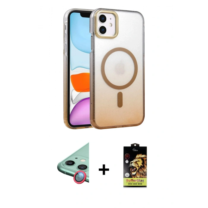 MARSİLYAN™- iPhone 11 Kılıf Ahenk Doku Özel Seri - Siyah Buffer Cam Ekran Koruyucu + Kırmızı Raze Metal Kamera Lens