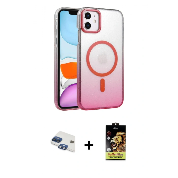 MARSİLYAN™- iPhone 11 Kılıf Ahenk Doku Özel Seri - Siyah Buffer Cam Ekran Koruyucu + Pers Alüminyum Kamera Lens - LT