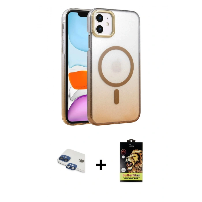 MARSİLYAN™- iPhone 11 Kılıf Ahenk Doku Özel Seri - Siyah Buffer Cam Ekran Koruyucu + Pers Alüminyum Kamera Lens - LT