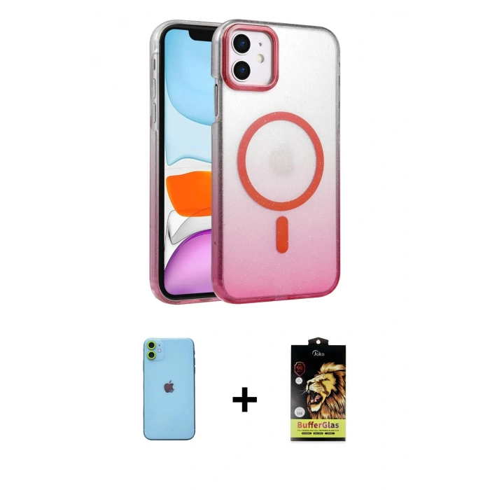 MARSİLYAN™- iPhone 11 Kılıf Ahenk Doku Özel Seri - Siyah Buffer Cam Ekran Koruyucu + Neon Fosforlu Kamera Lens - YL