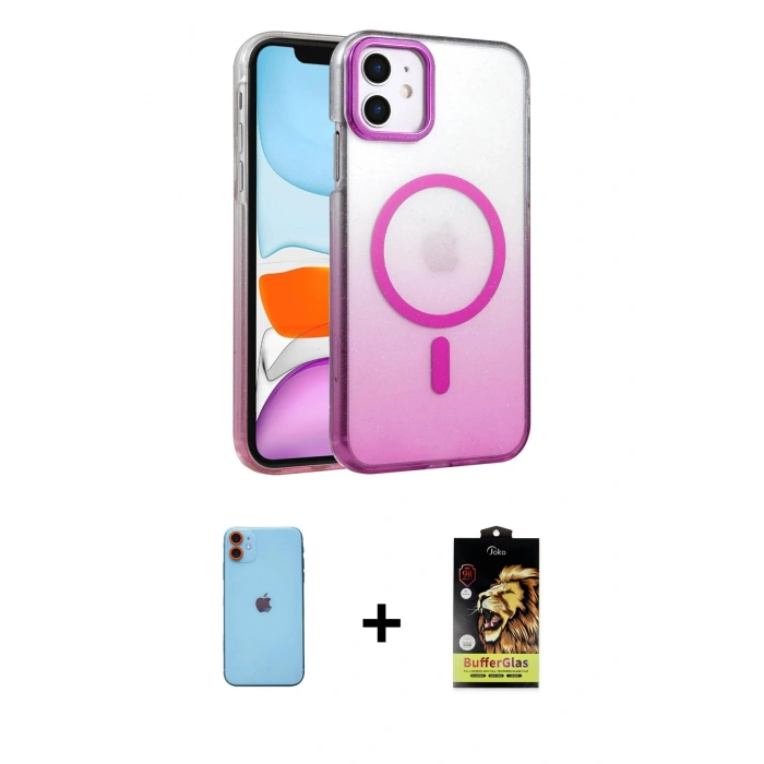 MARSİLYAN™- iPhone 11 Kılıf Ahenk Doku Özel Seri - Siyah Buffer Cam Ekran Koruyucu + Neon Fosforlu Kamera Lens - TU