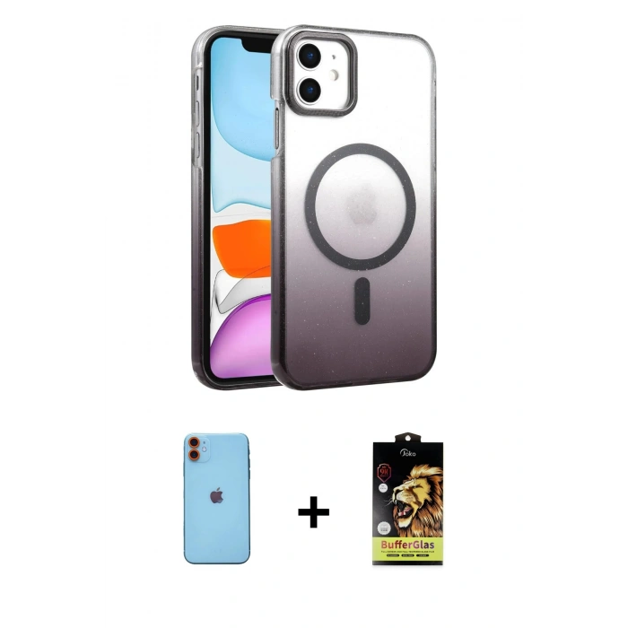 MARSİLYAN™- iPhone 11 Kılıf Ahenk Doku Özel Seri - Siyah Buffer Cam Ekran Koruyucu + Neon Fosforlu Kamera Lens - TU