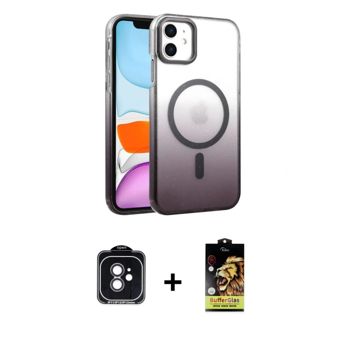 MARSİLYAN™- iPhone 11 Kılıf Ahenk Doku Özel Seri - Siyah Buffer Cam Ekran Koruyucu + PVD Metal Kamera Lens - SH