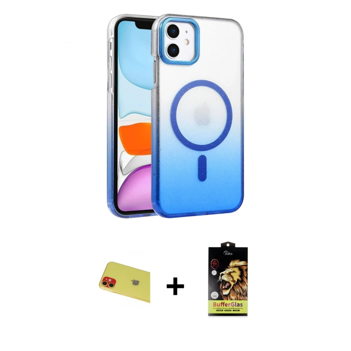MARSİLYAN™- iPhone 11 Kılıf Ahenk Doku Özel Seri - Siyah Buffer Cam Ekran Koruyucu + Rainbow Kamera Lens Koruma Cam - KI