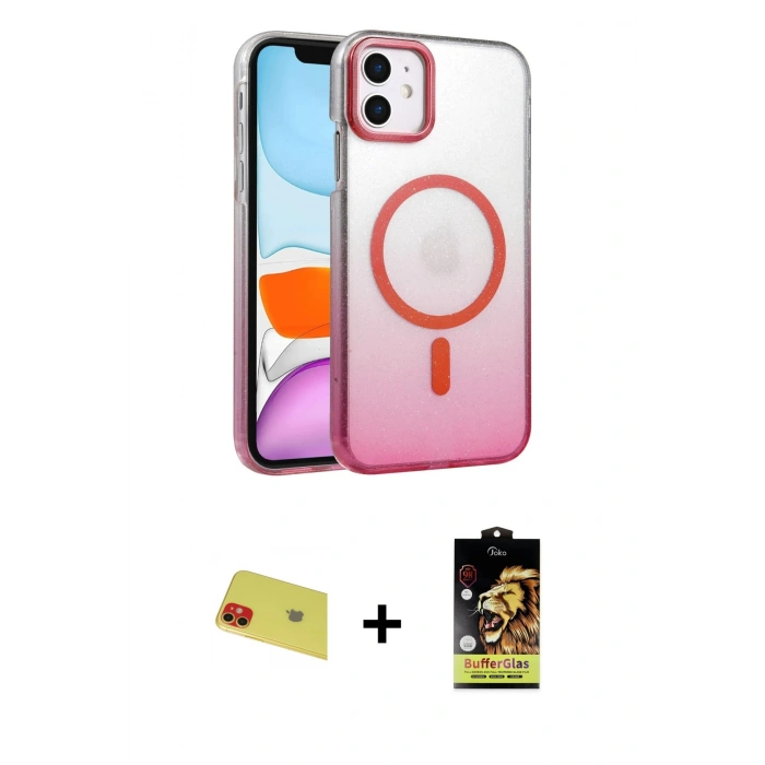 MARSİLYAN™- iPhone 11 Kılıf Ahenk Doku Özel Seri - Siyah Buffer Cam Ekran Koruyucu + Rainbow Kamera Lens Koruma Cam - KI