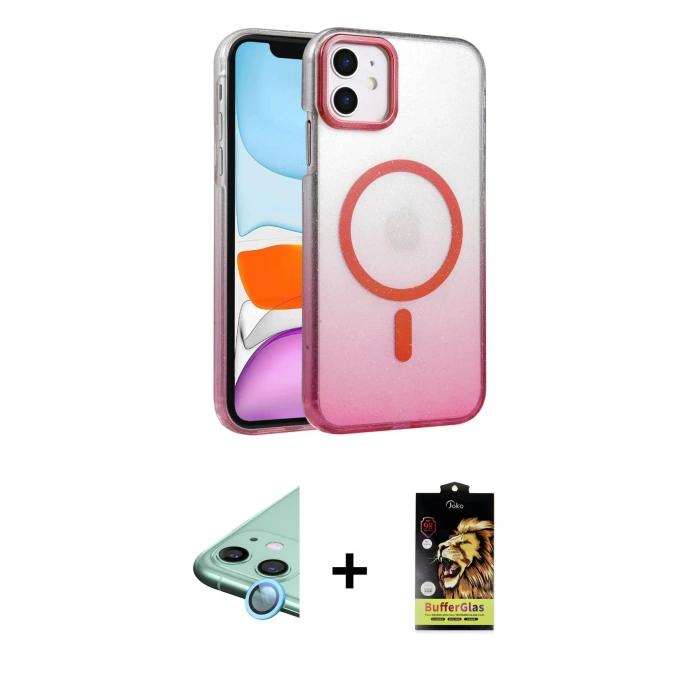 MARSİLYAN™- iPhone 11 Kılıf Ahenk Doku Özel Seri - Siyah Buffer Cam Ekran Koruyucu + Raze Metal Kamera Lens - MI