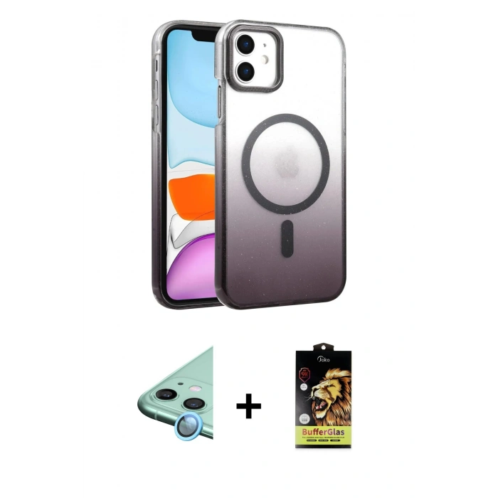 MARSİLYAN™- iPhone 11 Kılıf Ahenk Doku Özel Seri - Siyah Buffer Cam Ekran Koruyucu + Raze Metal Kamera Lens - MI