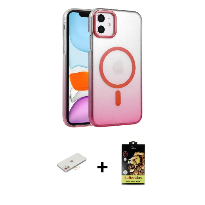 MARSİLYAN™- iPhone 11 Kılıf Ahenk Doku Özel Seri - Siyah Buffer Cam Ekran Koruyucu + Renkli Kamera Lens Koruma Cam - YL