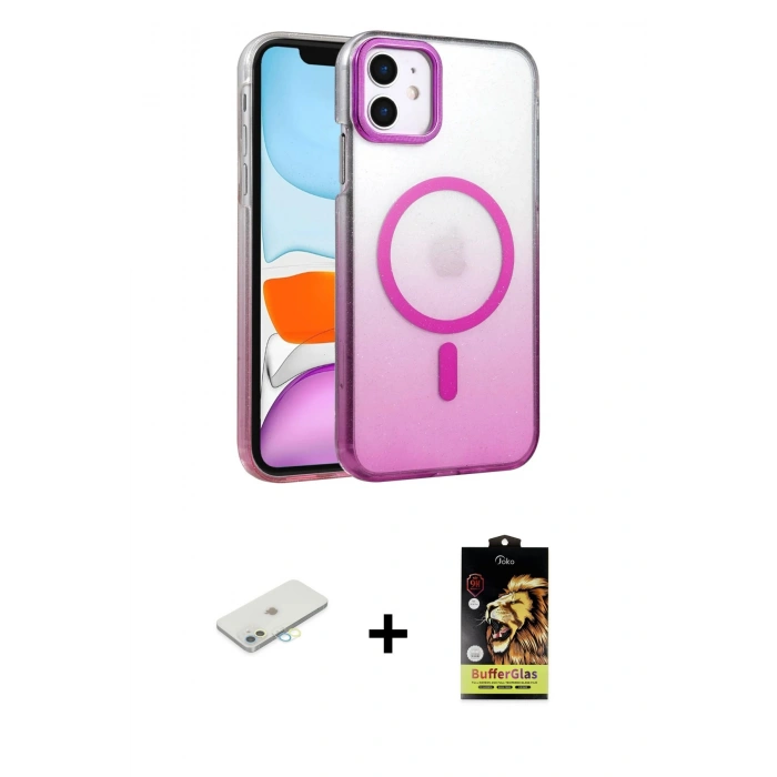 MARSİLYAN™- iPhone 11 Kılıf Ahenk Doku Özel Seri - Siyah Buffer Cam Ekran Koruyucu + Renkli Kamera Lens Koruma Cam - SI