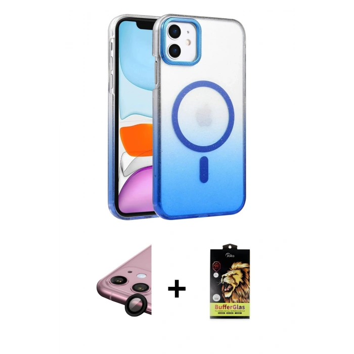 MARSİLYAN™- iPhone 11 Kılıf Ahenk Doku Özel Seri - Siyah Buffer Cam Ekran Koruyucu + Raze Metal Kamera Lens - SH
