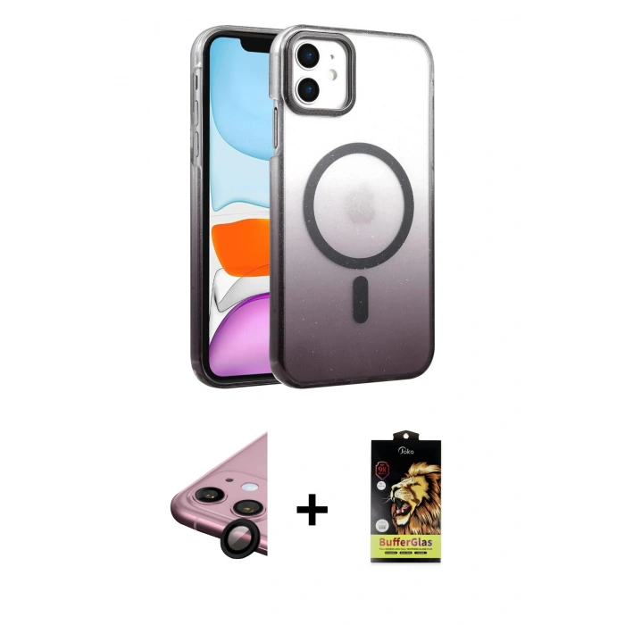 MARSİLYAN™- iPhone 11 Kılıf Ahenk Doku Özel Seri - Siyah Buffer Cam Ekran Koruyucu + Raze Metal Kamera Lens - SH
