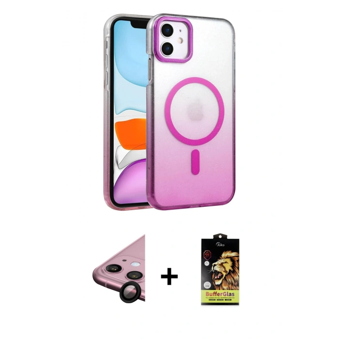 MARSİLYAN™- iPhone 11 Kılıf Ahenk Doku Özel Seri - Siyah Buffer Cam Ekran Koruyucu + Raze Metal Kamera Lens - SH