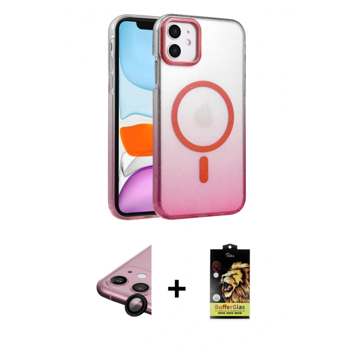 MARSİLYAN™- iPhone 11 Kılıf Ahenk Doku Özel Seri - Siyah Buffer Cam Ekran Koruyucu + Raze Metal Kamera Lens - SH