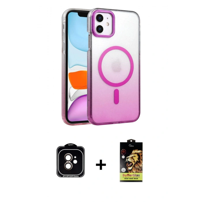 MARSİLYAN™- iPhone 11 Kılıf Ahenk Doku Özel Seri - Siyah Buffer Cam Ekran Koruyucu + PVD Metal Kamera Lens - TU