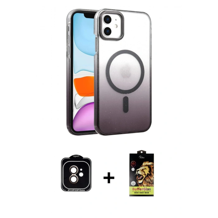 MARSİLYAN™- iPhone 11 Kılıf Ahenk Doku Özel Seri - Siyah Buffer Cam Ekran Koruyucu + PVD Metal Kamera Lens - TU