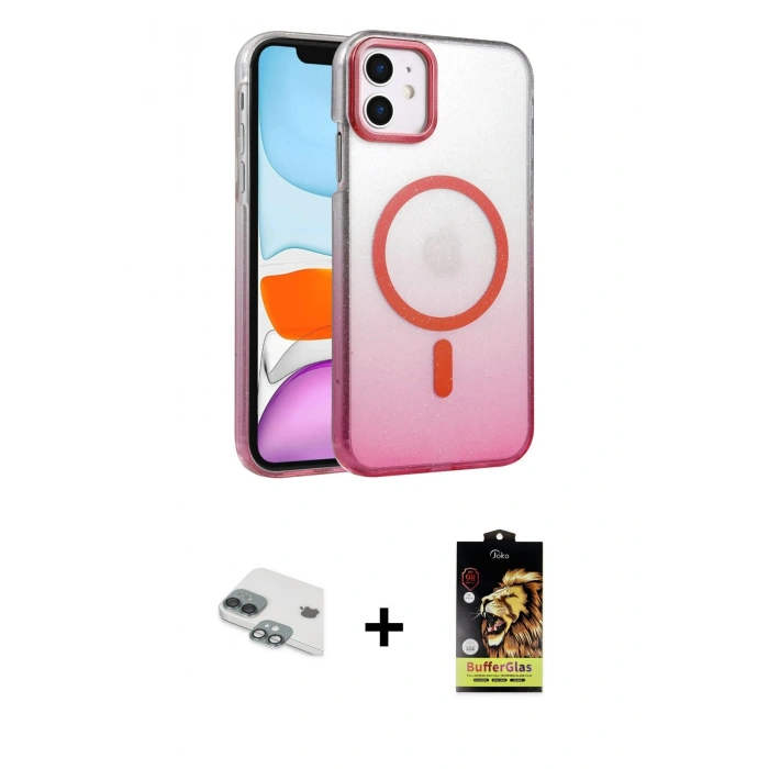 MARSİLYAN™- iPhone 11 Kılıf Ahenk Doku Özel Seri - Siyah Buffer Cam Ekran Koruyucu + Pers Alüminyum Kamera Lens - YL
