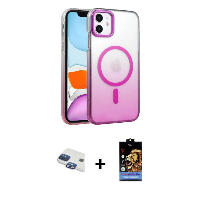 MARSİLYAN™- iPhone 11 Kılıf Ahenk Doku Özel Seri - Siyah Buffer Hayalet Cam Ekran Koruyucu + Lacivert Pers Alüminyum Kamera Lens