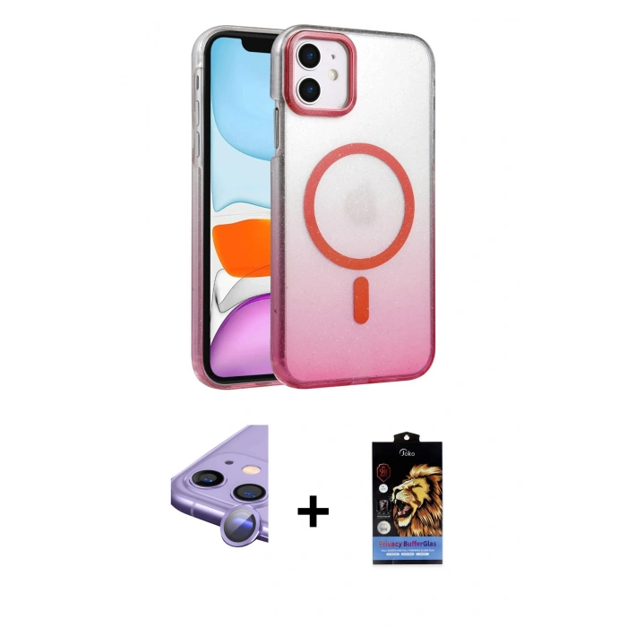 MARSİLYAN™- iPhone 11 Kılıf Ahenk Doku Özel Seri - Siyah Buffer Hayalet Cam Ekran Koruyucu + Raze Metal Kamera Lens - MR