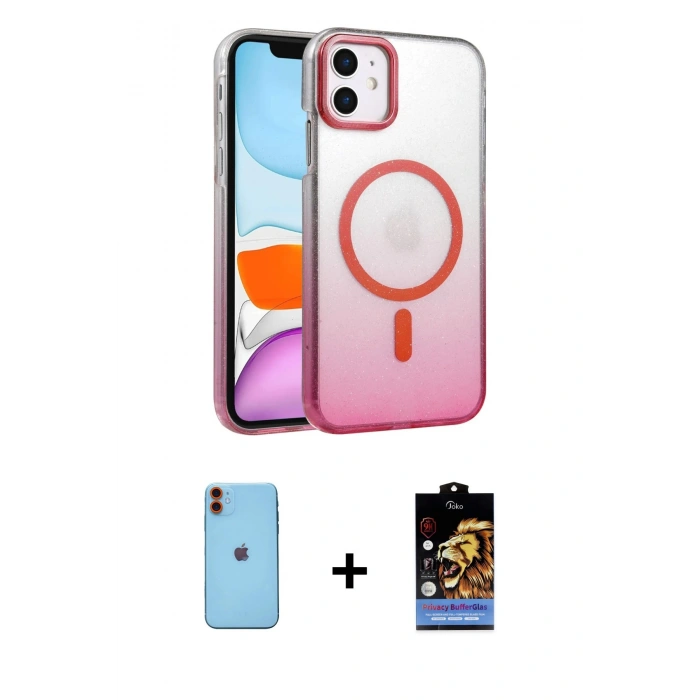 MARSİLYAN™- iPhone 11 Kılıf Ahenk Doku Özel Seri - Siyah Buffer Hayalet Cam Ekran Koruyucu + Neon Fosforlu Kamera Lens - TU