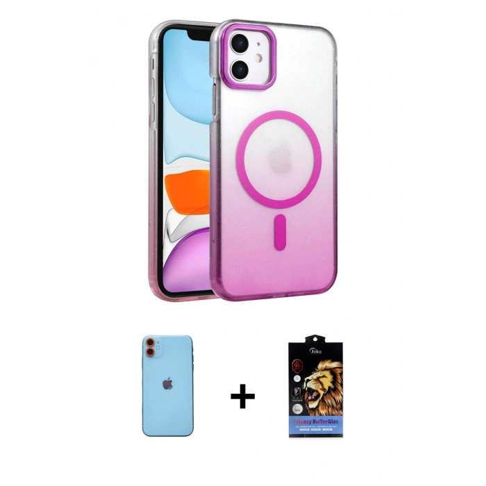 MARSİLYAN™- iPhone 11 Kılıf Ahenk Doku Özel Seri - Siyah Buffer Hayalet Cam Ekran Koruyucu + Neon Fosforlu Kamera Lens - TU
