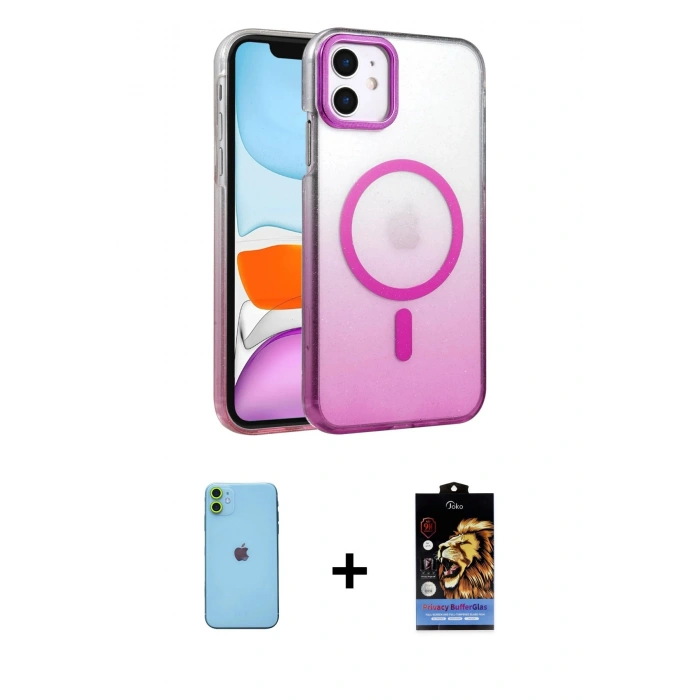MARSİLYAN™- iPhone 11 Kılıf Ahenk Doku Özel Seri - Siyah Buffer Hayalet Cam Ekran Koruyucu + Neon Fosforlu Kamera Lens - YL