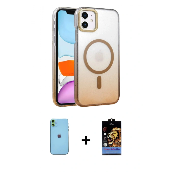 MARSİLYAN™- iPhone 11 Kılıf Ahenk Doku Özel Seri - Siyah Buffer Hayalet Cam Ekran Koruyucu + Neon Fosforlu Kamera Lens - YL