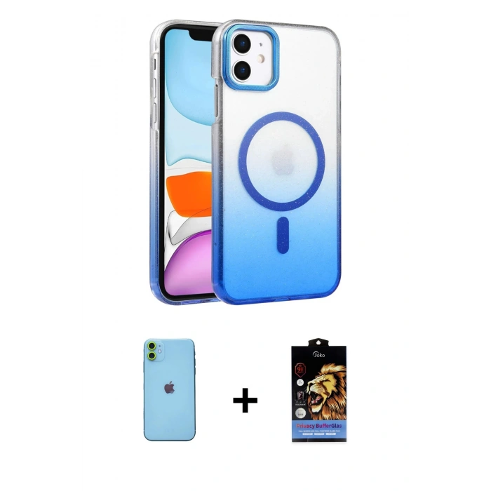 MARSİLYAN™- iPhone 11 Kılıf Ahenk Doku Özel Seri - Siyah Buffer Hayalet Cam Ekran Koruyucu + Neon Fosforlu Kamera Lens - YL