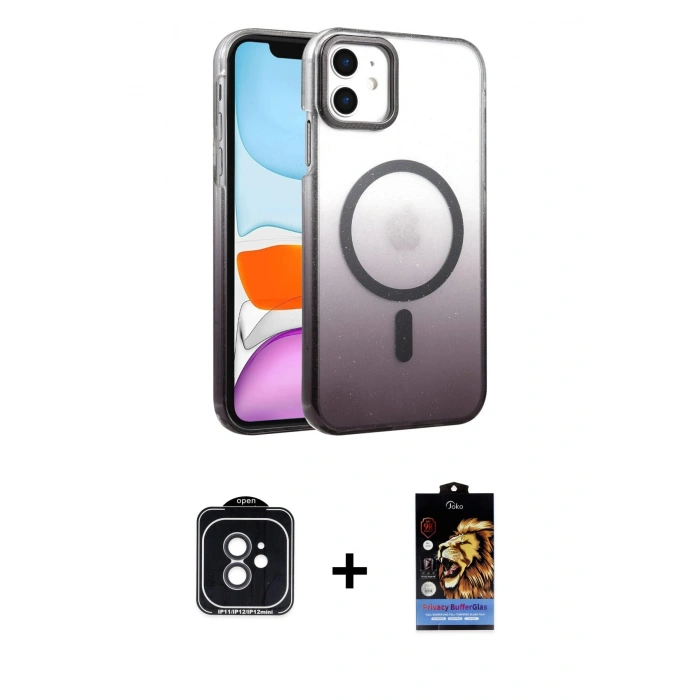 MARSİLYAN™- iPhone 11 Kılıf Ahenk Doku Özel Seri - Siyah Buffer Hayalet Cam Ekran Koruyucu + PVD Metal Kamera Lens - SH