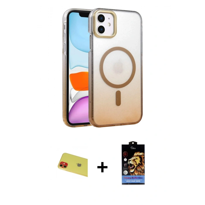 MARSİLYAN™- iPhone 11 Kılıf Ahenk Doku Özel Seri - Siyah Buffer Hayalet Cam Ekran Koruyucu + Rainbow Kamera Lens Koruma Cam - KI