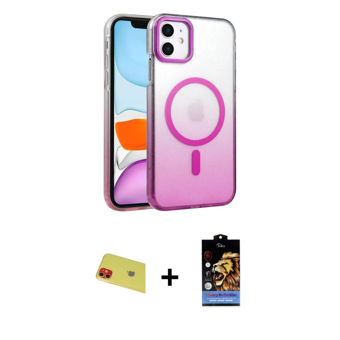 MARSİLYAN™- iPhone 11 Kılıf Ahenk Doku Özel Seri - Siyah Buffer Hayalet Cam Ekran Koruyucu + Rainbow Kamera Lens Koruma Cam - KI