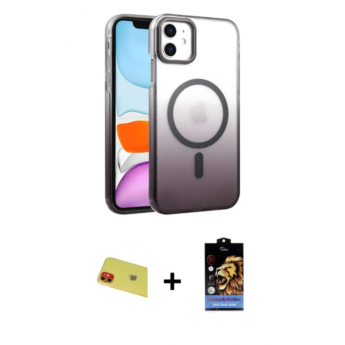 MARSİLYAN™- iPhone 11 Kılıf Ahenk Doku Özel Seri - Siyah Buffer Hayalet Cam Ekran Koruyucu + Rainbow Kamera Lens Koruma Cam - KI
