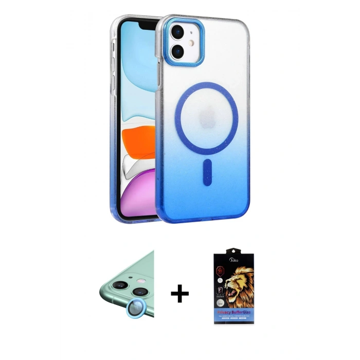 MARSİLYAN™- iPhone 11 Kılıf Ahenk Doku Özel Seri - Siyah Buffer Hayalet Cam Ekran Koruyucu + Raze Metal Kamera Lens - MI