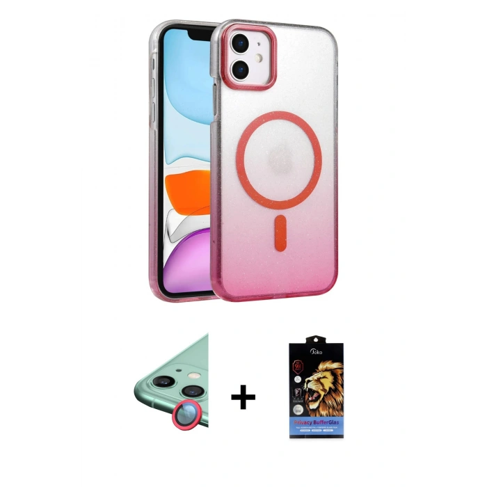 MARSİLYAN™- iPhone 11 Kılıf Ahenk Doku Özel Seri - Siyah Buffer Hayalet Cam Ekran Koruyucu + Raze Metal Kamera Lens - KI