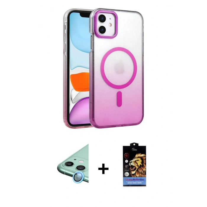 MARSİLYAN™- iPhone 11 Kılıf Ahenk Doku Özel Seri - Siyah Buffer Hayalet Cam Ekran Koruyucu + Raze Metal Kamera Lens - MI