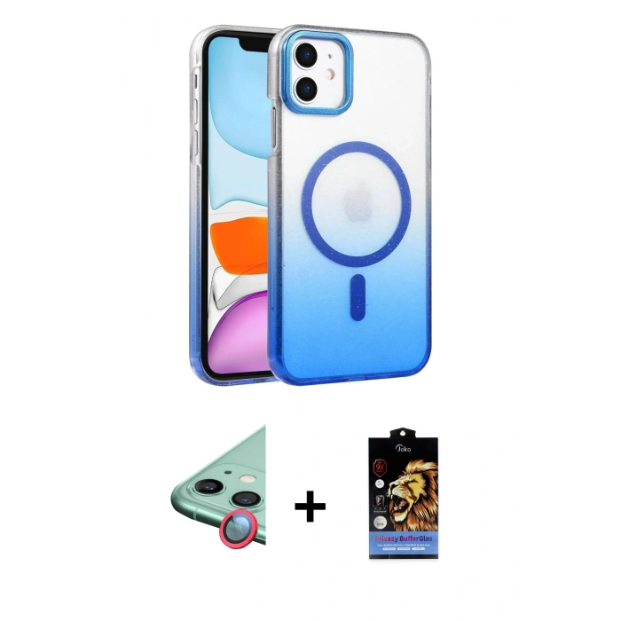 MARSİLYAN™- iPhone 11 Kılıf Ahenk Doku Özel Seri - Siyah Buffer Hayalet Cam Ekran Koruyucu + Raze Metal Kamera Lens - KI