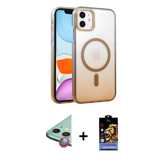 MARSİLYAN™- iPhone 11 Kılıf Ahenk Doku Özel Seri - Siyah Buffer Hayalet Cam Ekran Koruyucu + Raze Metal Kamera Lens - KI