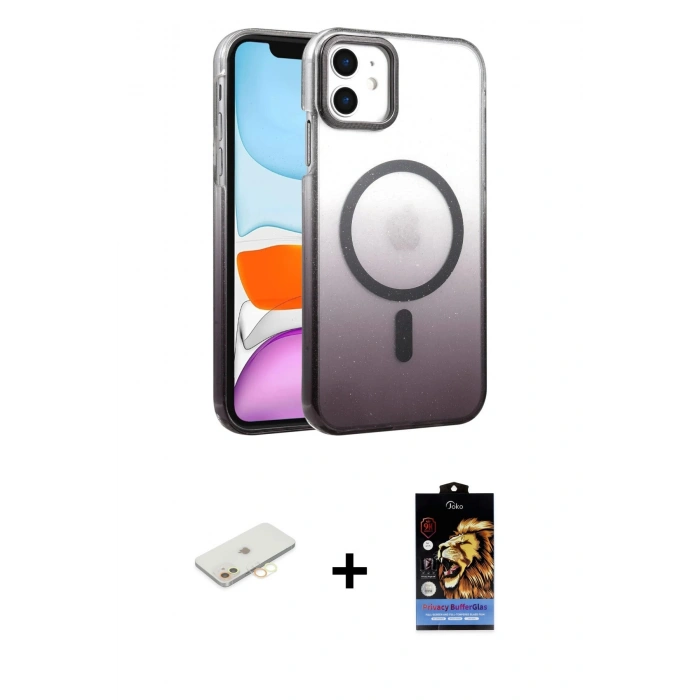 MARSİLYAN™- iPhone 11 Kılıf Ahenk Doku Özel Seri - Siyah Buffer Hayalet Cam Ekran Koruyucu + Renkli Kamera Lens Koruma Cam - SI