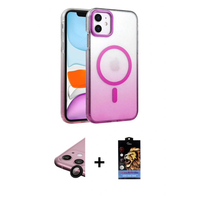 MARSİLYAN™- iPhone 11 Kılıf Ahenk Doku Özel Seri - Siyah Buffer Hayalet Cam Ekran Koruyucu + Raze Metal Kamera Lens - SH