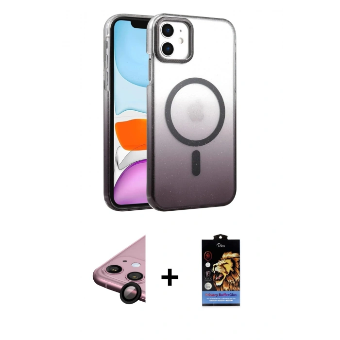 MARSİLYAN™- iPhone 11 Kılıf Ahenk Doku Özel Seri - Siyah Buffer Hayalet Cam Ekran Koruyucu + Raze Metal Kamera Lens - SH